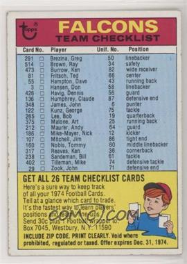 1974 Topps - Team Checklist #_ATFA.1 - Atlanta Falcons (One Star on Back)