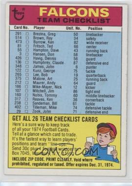 1974 Topps - Team Checklist #_ATFA.1 - Atlanta Falcons (One Star on Back)