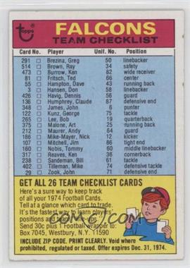1974 Topps - Team Checklist #_ATFA.1 - Atlanta Falcons (One Star on Back)