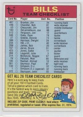 1974 Topps - Team Checklist #_BUBI.1 - Buffalo Bills (One Star on Back) [Good to VG‑EX]