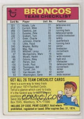 1974 Topps - Team Checklist #_DEBR.1 - Denver Broncos (One Star on Back)