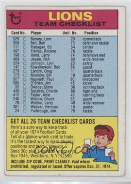 1974 Topps - Team Checklist #_DELI.1 - Detroit Lions (One Star on Back) [Good to VG‑EX]