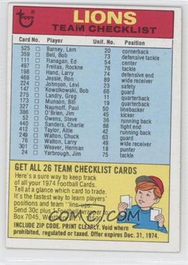 1974 Topps - Team Checklist #_DELI.1 - Detroit Lions (One Star on Back)