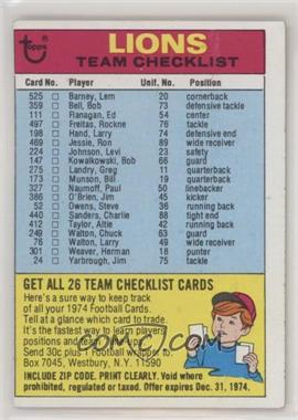 1974 Topps - Team Checklist #_DELI.1 - Detroit Lions (One Star on Back)
