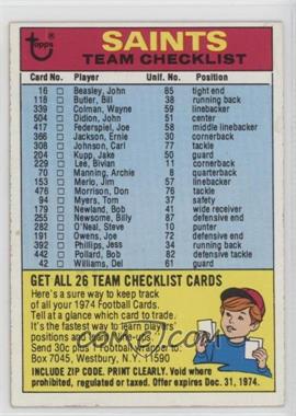 1974 Topps - Team Checklist #_NEOS.2 - New Orleans Saints (Two Stars on Back) [Good to VG‑EX]
