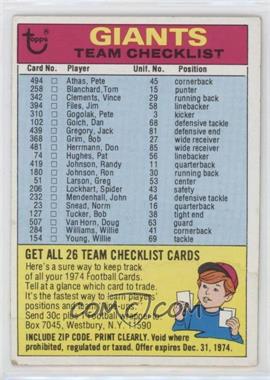1974 Topps - Team Checklist #_NEYG.1 - New York Giants (One Star on Back)