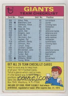 1974 Topps - Team Checklist #_NEYG.1 - New York Giants (One Star on Back)