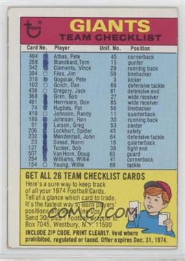 1974 Topps - Team Checklist #_NEYG.1 - New York Giants (One Star on Back) [Poor to Fair]