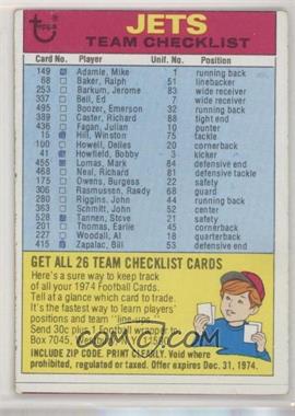 1974 Topps - Team Checklist #_NEYJ.2 - New York Jets (Two Stars on Back) [Poor to Fair]