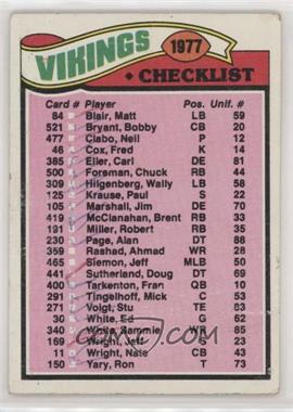 1977 Topps - [Base] #215 - Team Checklist - Minnesota Vikings [Poor to Fair]