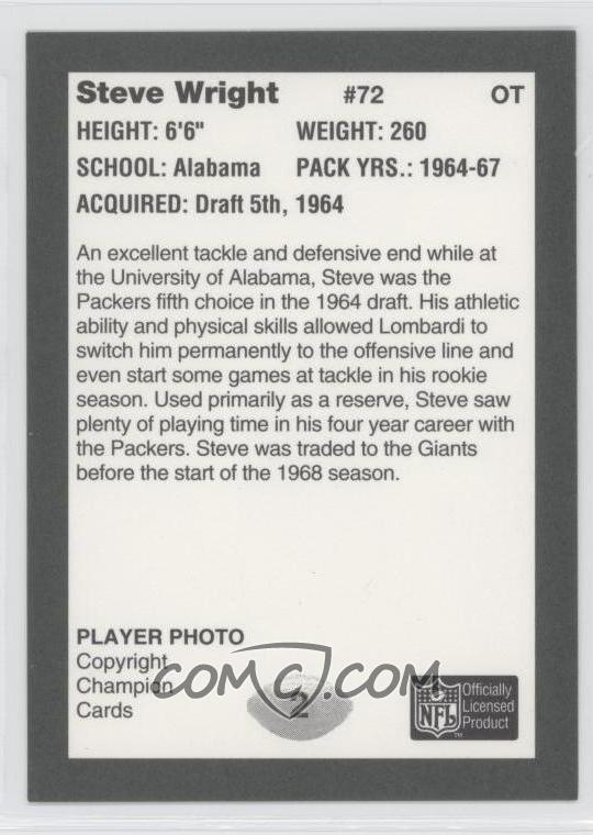 1991 Champion Cards Green Bay Packers Super Bowl Ii 25th Anniversary Base 2 Steve Wright