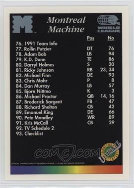 1992 Ultimate World League of American Football - [Base] #93 - Checklist - Montreal Machine