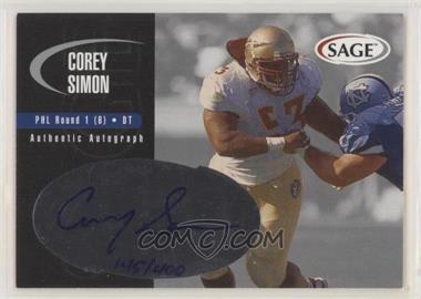 2000 SAGE - Autographs - Silver #A42 - Corey Simon /400 [EX to NM]