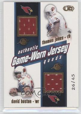 2002 Pacific Heads Up - Game Worn Jersey Quads - Gold #1 - Thomas Jones, David Boston, Jake Plummer, Frank Sanders /45