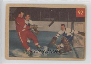 1954-55 Parkhurst - [Base] #92 - Lum stops Howe with help of Stewart's stick [Good to VG‑EX]