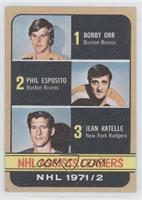 Phil Esposito, Jean Ratelle, Bobby Orr [Good to VG‑EX]