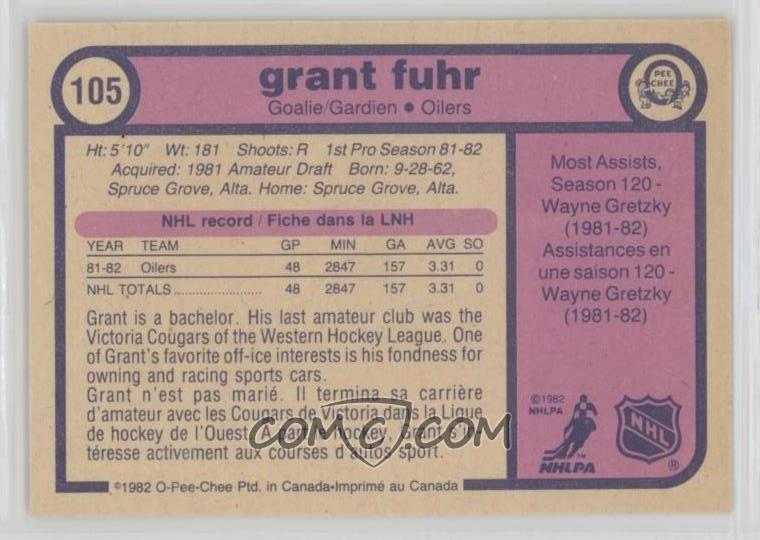 Lot - (Mint) 1982-83 O-Pee-Chee Grant Fuhr Rookie #105 Hockey Card