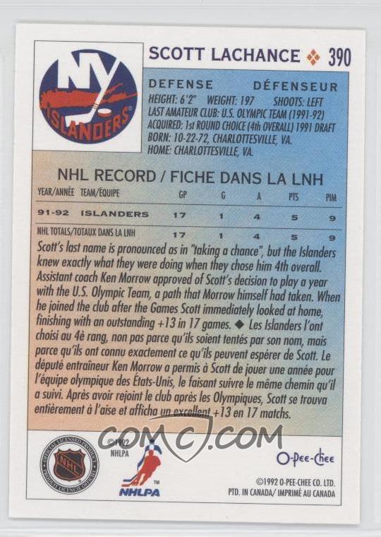 1992 93 O Pee Chee Base 390 Scott Lachance