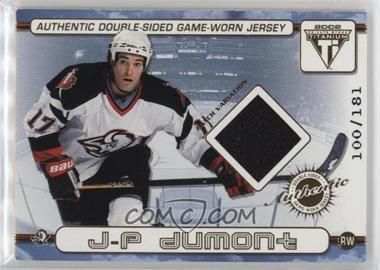 2001-02 Pacific Private Stock Titanium - Authentic Double-Sided Game-Worn Jersey - Patch Variation #4 - J-P Dumont, Alexei Zhitnik /181 [EX to NM]