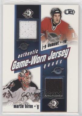 2002-03 Pacific Heads Up - Game-Worn Jersey Quads #4 - J.P. Dumont, Martin Biron, Jay McKee, Miroslav Satan