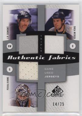 2010-11 SP Game Used Edition - Triple Authentic Fabrics #AF3-NSH - J.P. Dumont, Shea Weber, Pekka Rinne /25