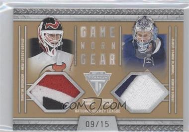 2011-12 Panini Titanium - Game-Worn Gear Dual Memorabilia - Patches #28 - James Reimer, Martin Brodeur /15