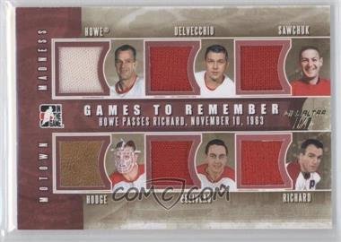 2012-13 In the Game Motown Madness - Games to Remember - Red Gibraltar Show #GTR-04 - Gordie Howe, Alex Delvecchio, Terry Sawchuk, Charlie Hodge, Jean Beliveau, Henri Richard /1