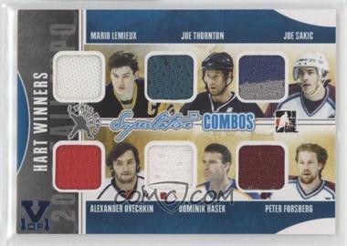 2012 In the Game - Fall Expo Redemption Prize Superlative Combos Game-Used - Gold ITG Vault Ruby #SC-16 - Mario Lemieux, Joe Thornton, Joe Sakic, Alex Ovechkin, Dominik Hasek, Peter Forsberg /1