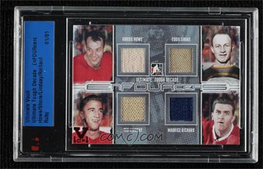 2013-14 In the Game Ultimate Tough Decade Superbox - EnFOURcers Jerseys - Silver ITG Ultimate Vault Ruby #E-20 - Gordie Howe, Eddie Shore, Ted Lindsay, Maurice Richard /1 [Uncirculated]