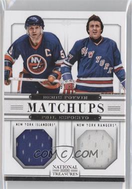 2013-14 Panini National Treasures - Matchups Jerseys #M-PE - Denis Potvin, Phil Esposito /99