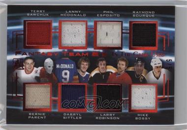 2015-16 Leaf In the Game Used - Fantasy Team 8's - Red Spectrum #FT8-07 - Terry Sawchuk, Lanny McDonald, Phil Esposito, Ray Bourque, Bernie Parent, Darryl Sittler, Larry Robinson, Mike Bossy /5