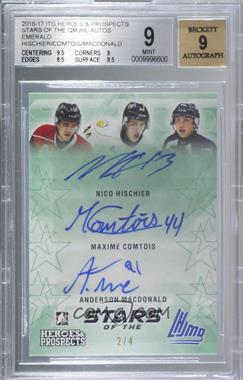 2016-17 Leaf In the Game Heroes & Prospects - Stars of the LHJMQ - Emerald #SO-01 - Nico Hischier, Maxime Comtois, Anderson MacDonald /4 [BGS 9 MINT]
