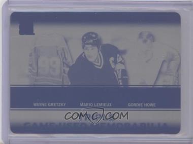 2016-17 Leaf In the Game Used - Game-Used Memorabilia Triple - Printing Plate Black Patch #GTP-05 - Wayne Gretzky, Mario Lemieux, Gordie Howe /1