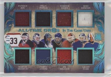 2017-18 Leaf In the Game Used - All-Time Gr8s - Blue #AT8-09 - Patrick Roy, Felix Potvin, Dominik Hasek, Mike Richter, Martin Brodeur, Curtis Joseph, Ed Belfour, Grant Fuhr /3