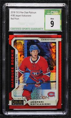 2018-19 O-Pee-Chee Platinum - [Base] - Red Prism #180 - Marquee Rookies - Jesperi Kotkaniemi /199 [CSG 9 Mint]