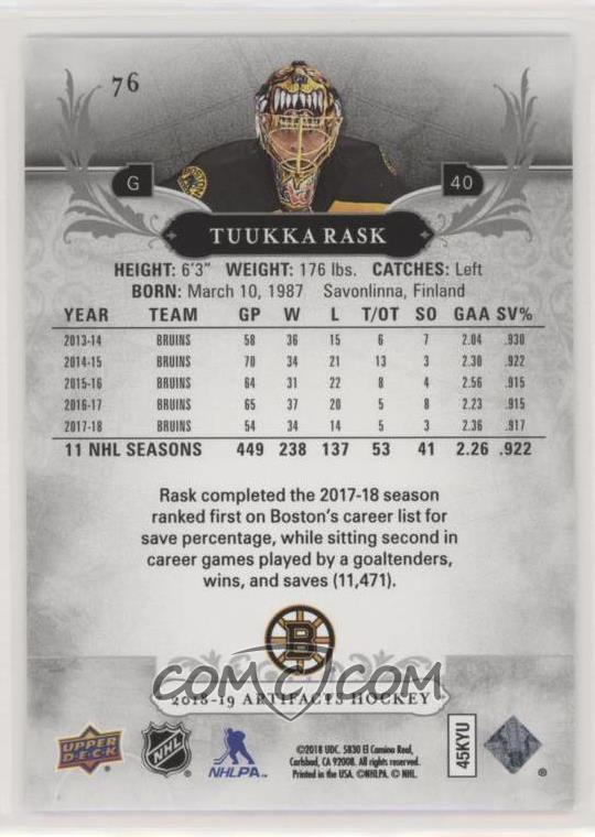 2018 19 Upper Deck Artifacts Base 76 Tuukka Rask