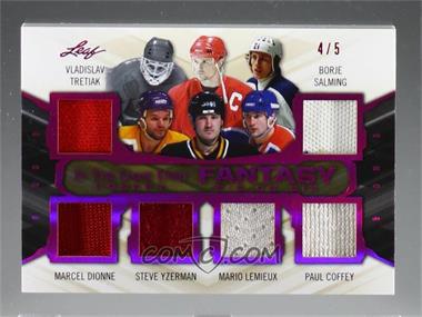 2019-20 Leaf In the Game Used - Fantasy 6 on 6 - Red Spectrum #F6-02 - Vladislav Tretiak, Marcel Dionne, Steve Yzerman, Mario Lemieux, Paul Coffey, Borje Salming, Ed Belfour, Dave Keon, Bobby Clarke, Stan Mikita, Chris Chelios, Jacques Laperriere /5