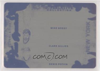 2019-20 Leaf Superlative - Superlative Team Signatures - Printing Plate Black Front #STS-11 - Mike Bossy, Clark Gillies, Denis Potvin /1