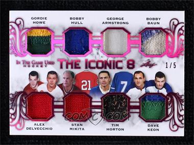 2020-21 Leaf In the Game Used - The Iconic 8 Relics - Magenta #TI8-06 - Gordie Howe, Alex Delvecchio, Bobby Hull, Stan Mikita, George Armstrong, Tim Horton, Bobby Baun, Dave Keon /5