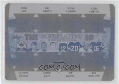 2020-21 Leaf Superlative Collection - The Superlative 16 - Printing Plate Cyan #TS16-13 - Bobby Orr, Phil Esposito, Wayne Cashman, Gerry Cheevers, Ray Bourque, Johnny Bucyk, Don Sweeney, Rick Middleton /1