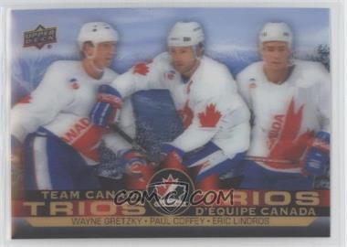 2021-22 Upper Deck Tim Hortons Team Canada - Team Canada Trios #T-7 - Sidney Crosby, Patrice Bergeron, Ryan Getzlaf (Uncorrected Error: Front Pictures Wayne Gretzky, Paul Coffey, Eric Lindros) [EX to NM]