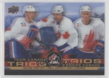 2021-22 Upper Deck Tim Hortons Team Canada - Team Canada Trios #T-7 - Sidney Crosby, Patrice Bergeron, Ryan Getzlaf (Uncorrected Error: Front Pictures Wayne Gretzky, Paul Coffey, Eric Lindros)