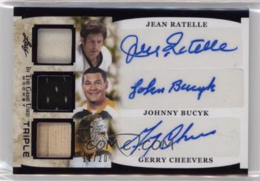 2022-23 Leaf In the Game Used - Game Used Triple Autographs - Purple #GUT-12 - Jean Ratelle, Johnny Bucyk, Gerry Cheevers /20
