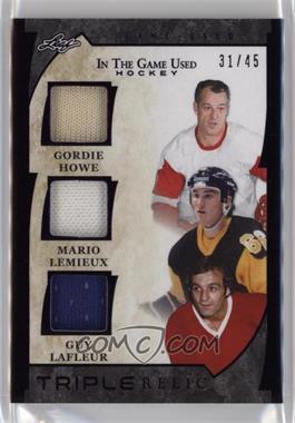 2022-23 Leaf In the Game Used - Game Used Triple Relics - Purple #GTR-7 - Gordie Howe, Mario Lemieux, Guy Lafleur /45