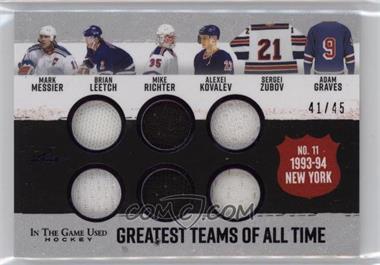 2022-23 Leaf In the Game Used - Greatest Teams Of All Time Relics - Purple #GT-10 - Mark Messier, Brian Leetch, Mike Richter, Alexei Kovalev, Sergei Zubov, Adam Graves /45