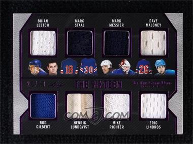 2022-23 Leaf In the Game Used - The 16 - Purple Spectrum #T16-12 - Brian Leetch, Marc Staal, Mark Messier, Dave Maloney, Rod Gilbert, Henrik Lundqvist, Mike Richter, Eric Lindros, Jean Ratelle, John Vanbiesbrouck, Alex Kovalev, Gump Worsley, Ed Giacomin, Ron Duguay, Walt Tkaczuk, Vic Hadfield /30