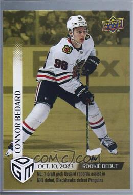 2023-24 Upper Deck Game Dated Moments - [Base] - Gold #1 - Rookie Debut - (Oct. 10, 2023) - No. 1 Draft Pick Connor Bedard Records Assist in NHL Debut, Blackhawks Defeat Penguins