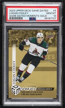 2023-24 Upper Deck Game Dated Moments - [Base] - Gold #5 - Rookie Debut - (Oct. 13, 2023) - Logan Cooley Dishes Out a Pair of Assists in NHL Debut, Coyotes Top Devils /100 [PSA 10 GEM MT]