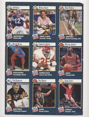 1992 Sports Illustrated for Kids Series 2 - Uncut 9-Card Sheet #1-9 - Jim Kelly, Monica Seles, Mike Powell, Bonnie Blair, Christian Okoye, Michael Jordan, Tom Barrasso, Dee Brown, Kerri Strug [Poor to Fair]