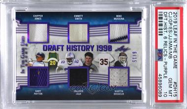 2019 Leaf In The Game Used Sports - Draft History 6 Relics - Purple #DH-15 - Chipper Jones, Gary Payton, Emmitt Smith, Jaromir Jagr, Mike Mussina, Martin Brodeur /15 [PSA 10 GEM MT]